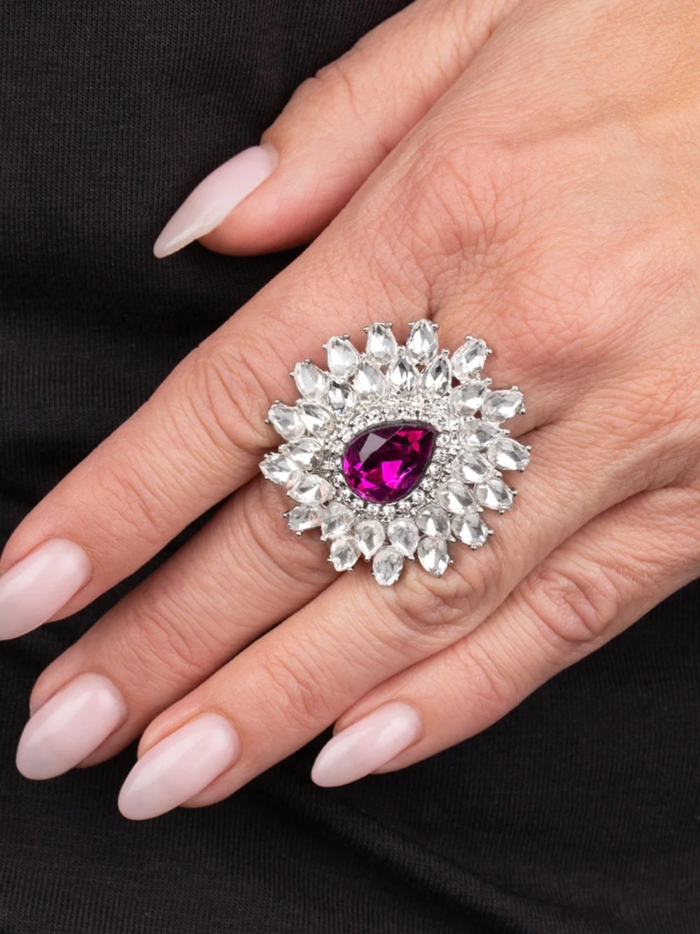 Statement Silver Ring with Fuchsia Teardrop Gem